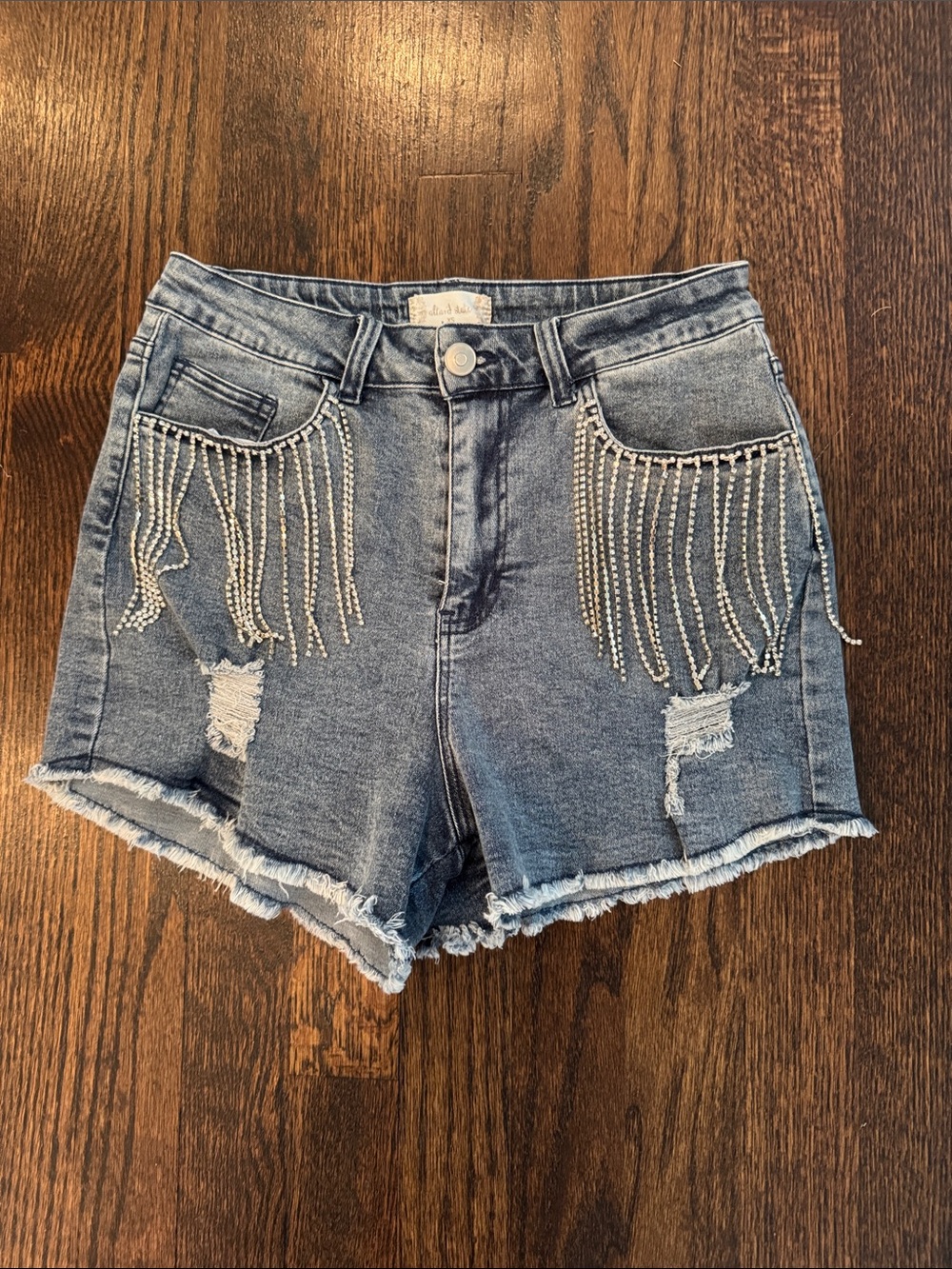 Altar'd State Blue Denim High-Rise Shorts with Rhinestone Fringe